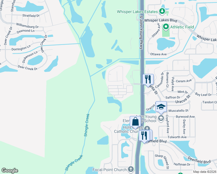 map of restaurants, bars, coffee shops, grocery stores, and more near 3006 Aqua Virgo Loop in Orlando