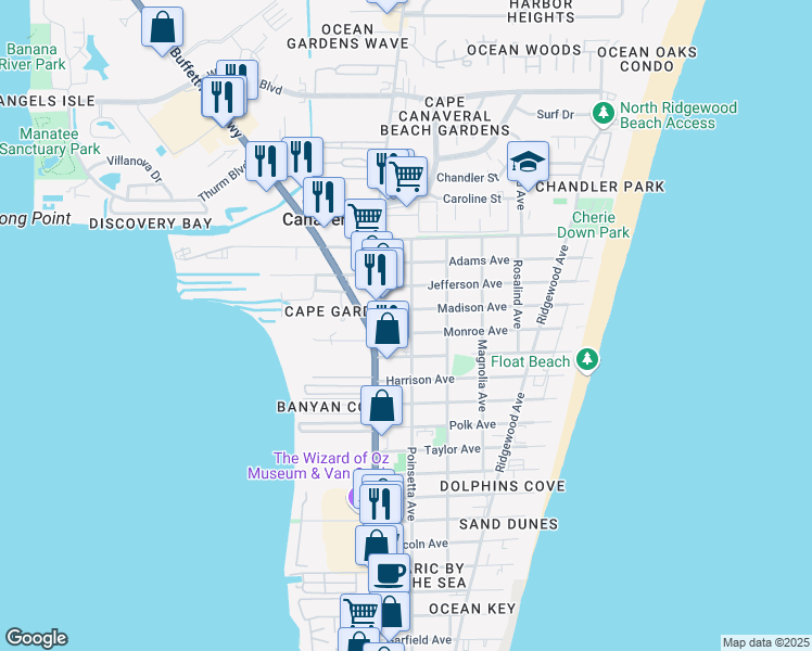 map of restaurants, bars, coffee shops, grocery stores, and more near 140 Monroe Avenue in Cape Canaveral