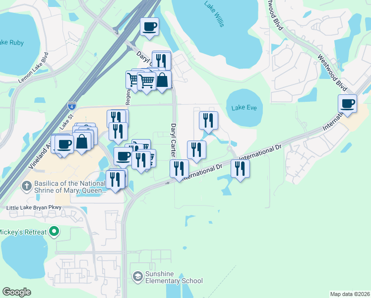 map of restaurants, bars, coffee shops, grocery stores, and more near 12562 International Drive in Orlando