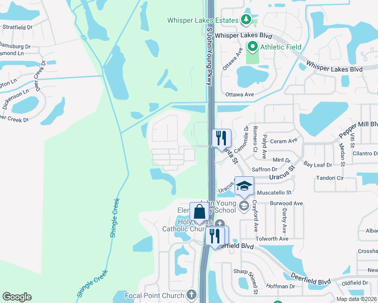 map of restaurants, bars, coffee shops, grocery stores, and more near 3160 Aqua Virgo Loop in Orlando