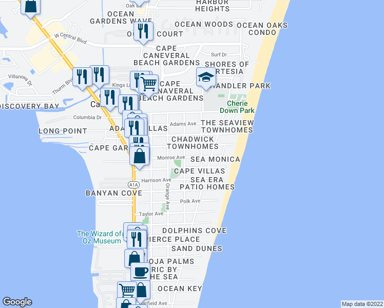 map of restaurants, bars, coffee shops, grocery stores, and more near 418 Madison Avenue in Cape Canaveral