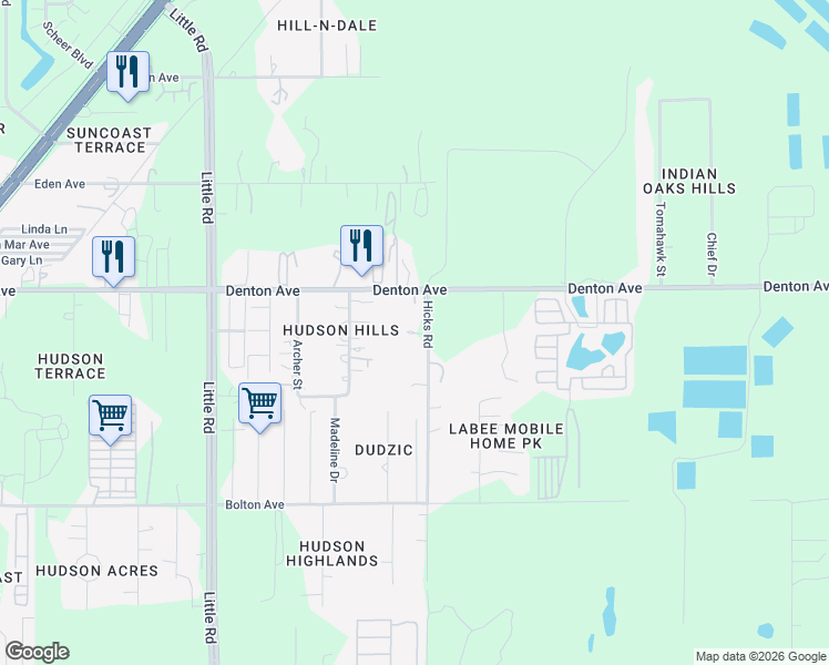 map of restaurants, bars, coffee shops, grocery stores, and more near 9926 Denton Avenue in Hudson