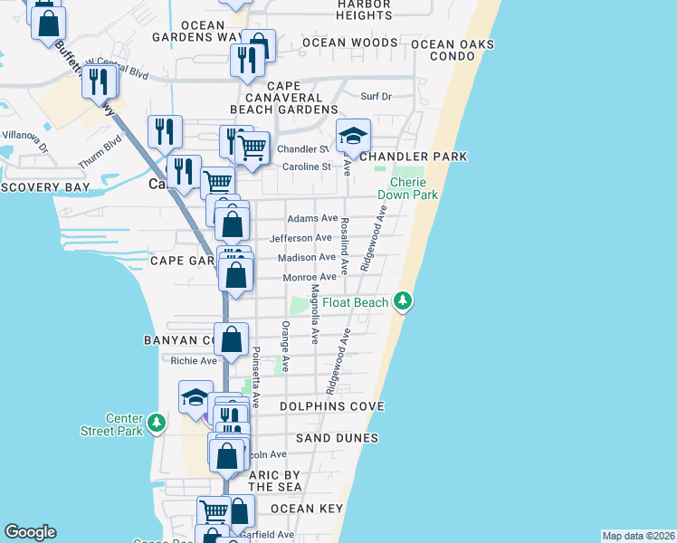map of restaurants, bars, coffee shops, grocery stores, and more near 420 Monroe Avenue in Cape Canaveral