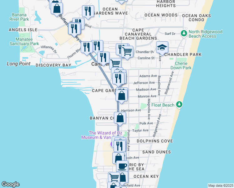 map of restaurants, bars, coffee shops, grocery stores, and more near 7800 North Atlantic Avenue in Cape Canaveral