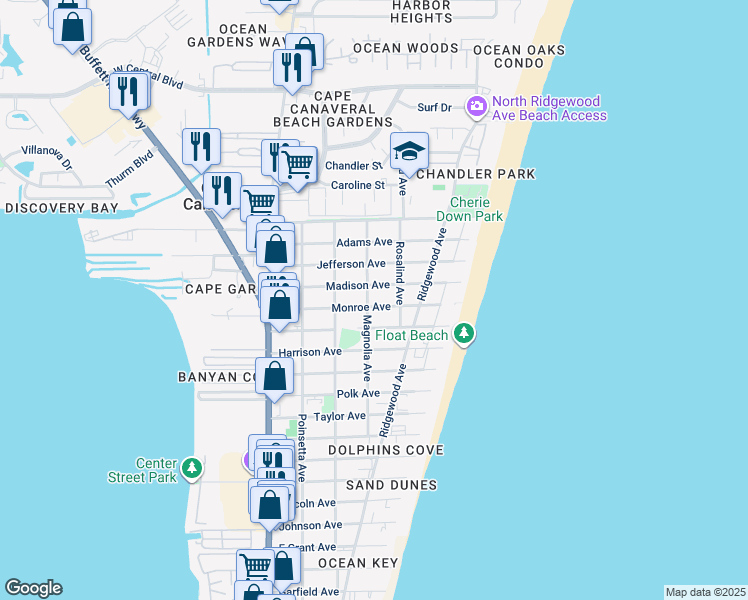 map of restaurants, bars, coffee shops, grocery stores, and more near 408 Monroe Avenue in Cape Canaveral
