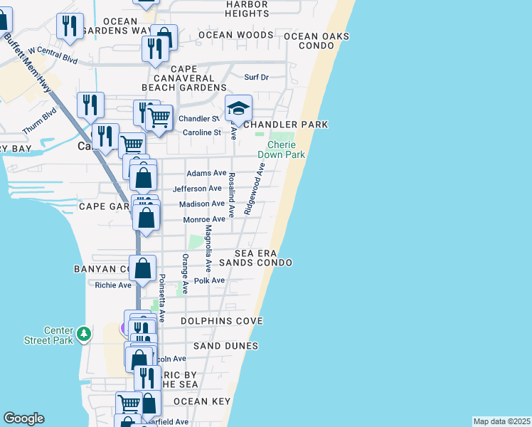 map of restaurants, bars, coffee shops, grocery stores, and more near 624 Monroe Avenue in Cape Canaveral