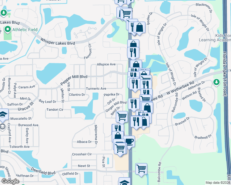 map of restaurants, bars, coffee shops, grocery stores, and more near 2067 Paprika Drive in Orlando