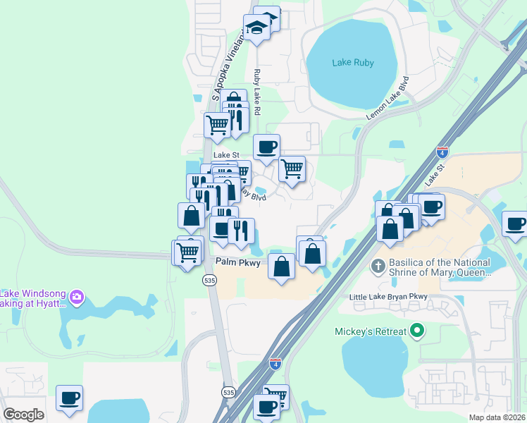 map of restaurants, bars, coffee shops, grocery stores, and more near 12007 Cypress Run Drive in Orlando