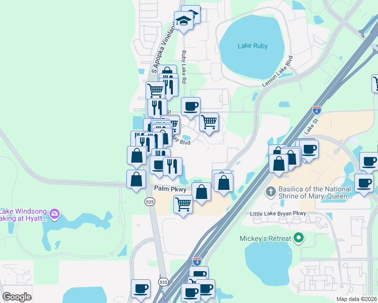map of restaurants, bars, coffee shops, grocery stores, and more near 12007 Cypress Run Drive in Orlando