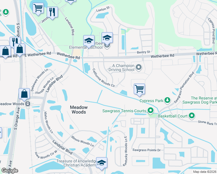 map of restaurants, bars, coffee shops, grocery stores, and more near 823 California Woods Circle in Orlando