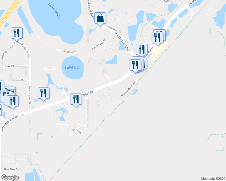 map of restaurants, bars, coffee shops, grocery stores, and more near 12024 Meadow Bend Loop in Orlando
