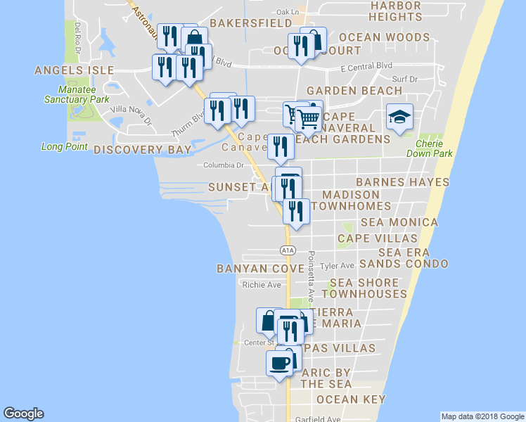 map of restaurants, bars, coffee shops, grocery stores, and more near 7952 Evelyn Court in Cape Canaveral