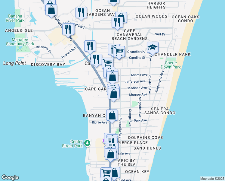 map of restaurants, bars, coffee shops, grocery stores, and more near 8010 North Atlantic Avenue in Cape Canaveral