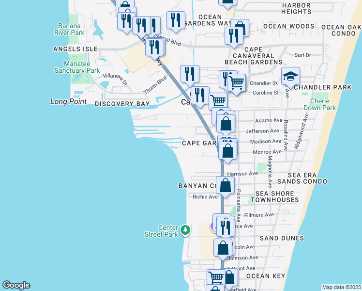 map of restaurants, bars, coffee shops, grocery stores, and more near 650 King Neptune Lane in Cape Canaveral