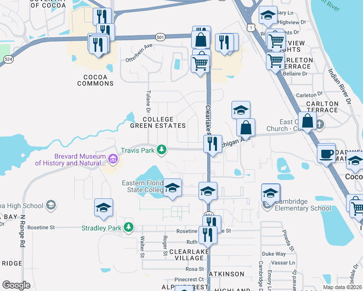 map of restaurants, bars, coffee shops, grocery stores, and more near 2405 Legay Street in Cocoa