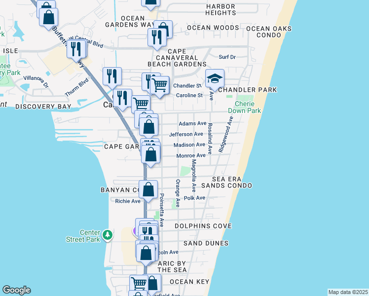 map of restaurants, bars, coffee shops, grocery stores, and more near 302 Madison Avenue in Cape Canaveral