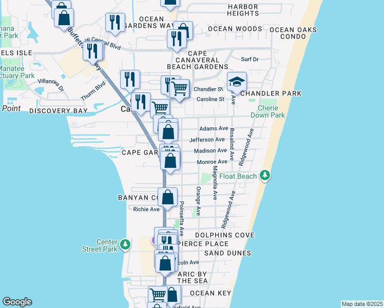 map of restaurants, bars, coffee shops, grocery stores, and more near 8002 Poinsetta Avenue in Cape Canaveral