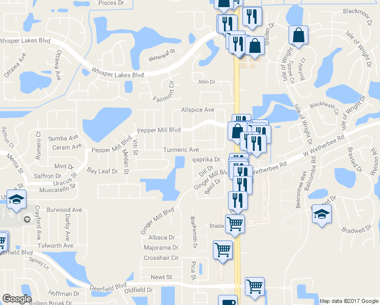 map of restaurants, bars, coffee shops, grocery stores, and more near 2149 Turmeric Avenue in Orlando