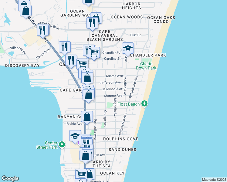 map of restaurants, bars, coffee shops, grocery stores, and more near 333 Madison Avenue in Cape Canaveral