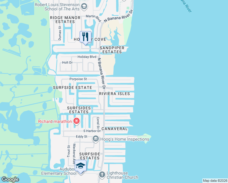 map of restaurants, bars, coffee shops, grocery stores, and more near 1650 East Riviera Drive in Merritt Island