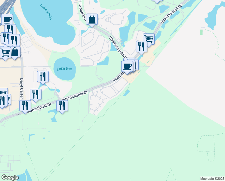 map of restaurants, bars, coffee shops, grocery stores, and more near 12024 Meadow Bend Loop in Orlando