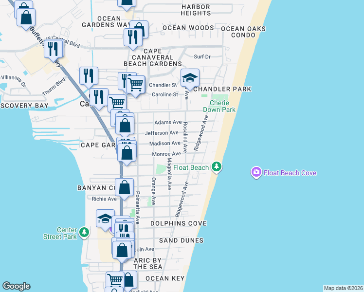 map of restaurants, bars, coffee shops, grocery stores, and more near 414 Monroe Avenue in Cape Canaveral