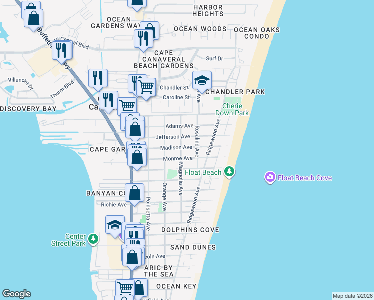 map of restaurants, bars, coffee shops, grocery stores, and more near 418 Madison Avenue in Cape Canaveral