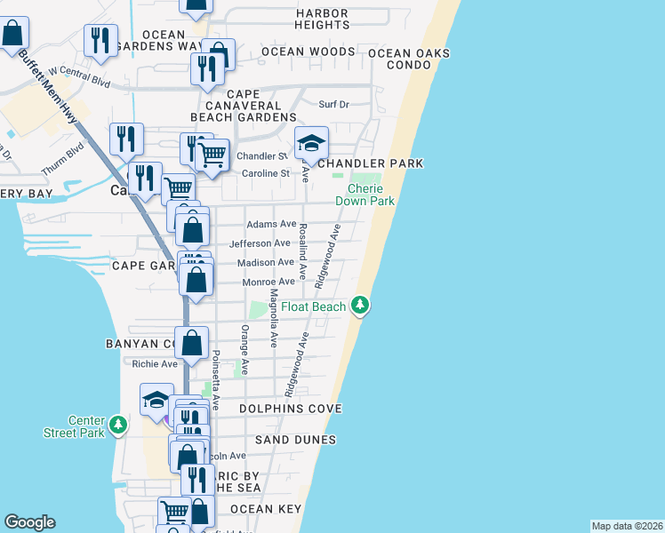 map of restaurants, bars, coffee shops, grocery stores, and more near 609 Madison Avenue in Cape Canaveral