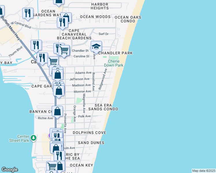 map of restaurants, bars, coffee shops, grocery stores, and more near 609 Madison Avenue in Cape Canaveral