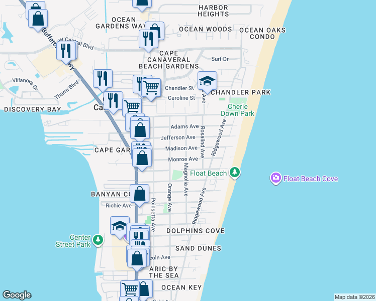 map of restaurants, bars, coffee shops, grocery stores, and more near 418 Madison Avenue in Cape Canaveral