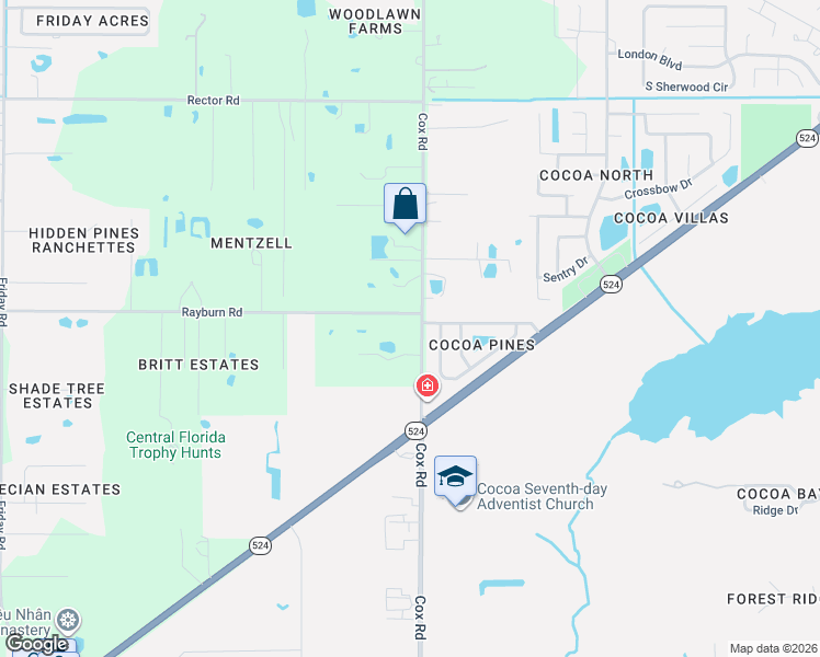 map of restaurants, bars, coffee shops, grocery stores, and more near 1890 Cox Road in Cocoa