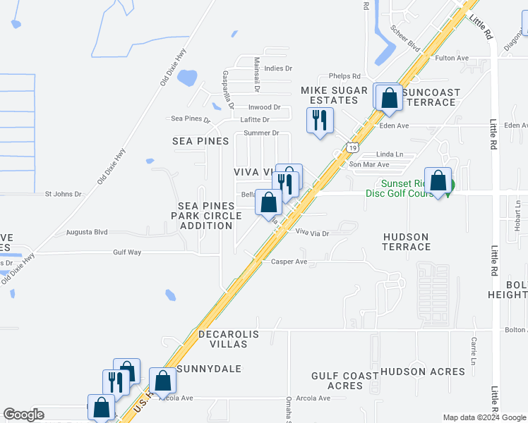 map of restaurants, bars, coffee shops, grocery stores, and more near 8614 Viva Via Drive in Hudson