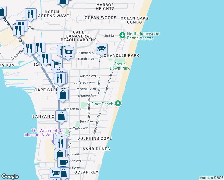 map of restaurants, bars, coffee shops, grocery stores, and more near 609 Madison Avenue in Cape Canaveral