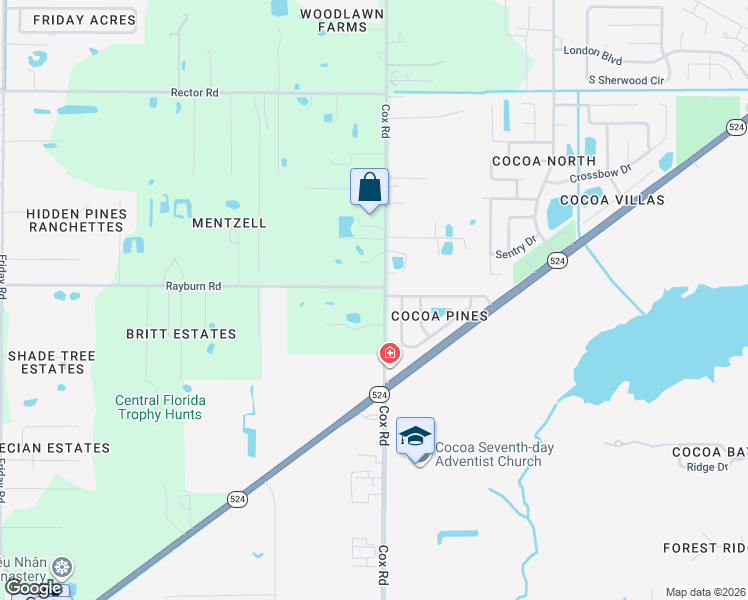 map of restaurants, bars, coffee shops, grocery stores, and more near 1890 Cox Road in Cocoa