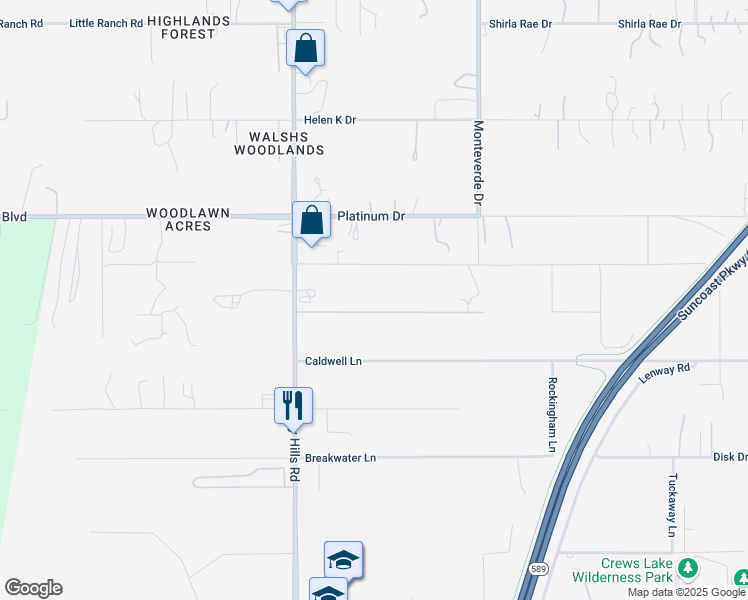 map of restaurants, bars, coffee shops, grocery stores, and more near 16209 Royalton Lane in Spring Hill