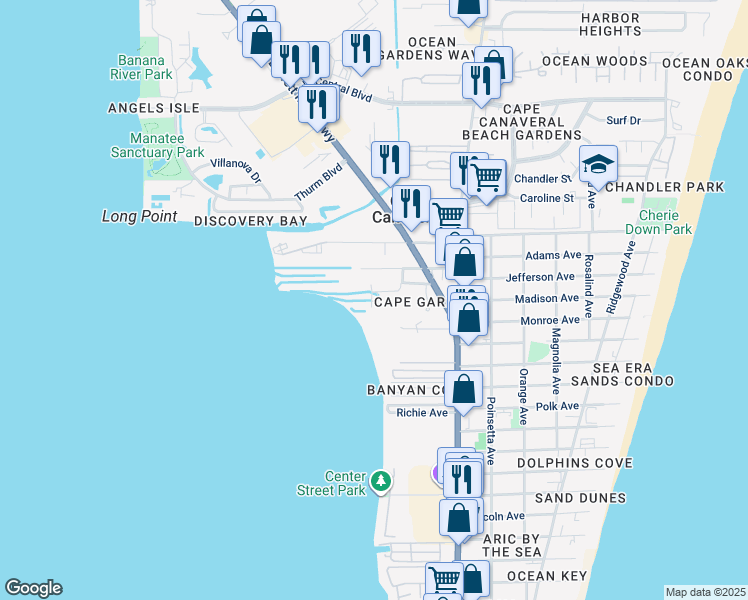 map of restaurants, bars, coffee shops, grocery stores, and more near 210 King Neptune Lane in Cape Canaveral
