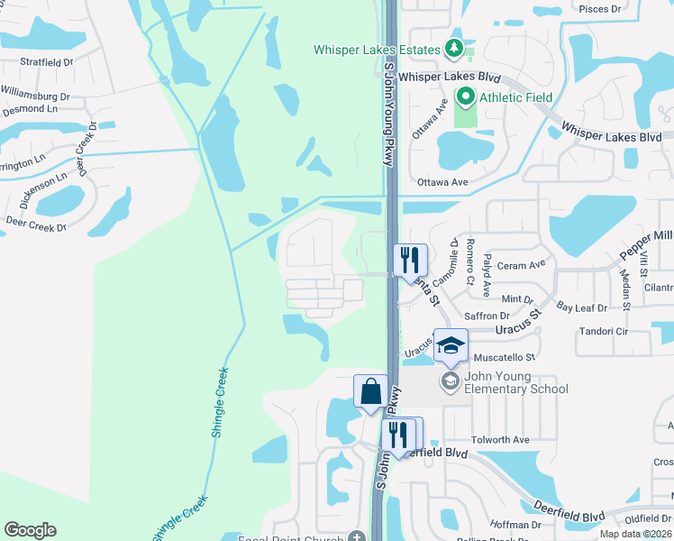 map of restaurants, bars, coffee shops, grocery stores, and more near 3334 Crystal Creek Boulevard in Orlando