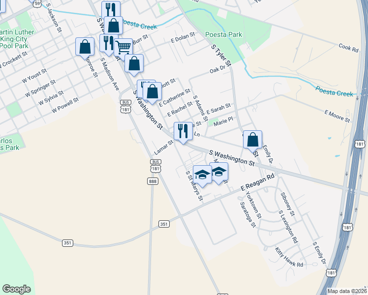 map of restaurants, bars, coffee shops, grocery stores, and more near 1602 South Washington Street in Beeville