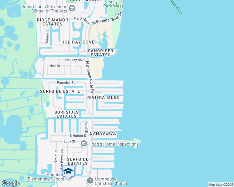 map of restaurants, bars, coffee shops, grocery stores, and more near 1715 East Riviera Drive in Merritt Island
