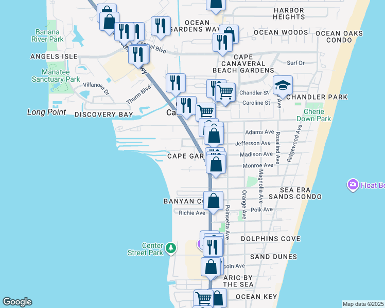 map of restaurants, bars, coffee shops, grocery stores, and more near 7966 Evelyn Court in Cape Canaveral
