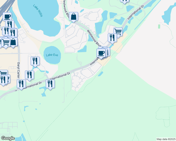 map of restaurants, bars, coffee shops, grocery stores, and more near 6600 Odyssey Lane in Orlando