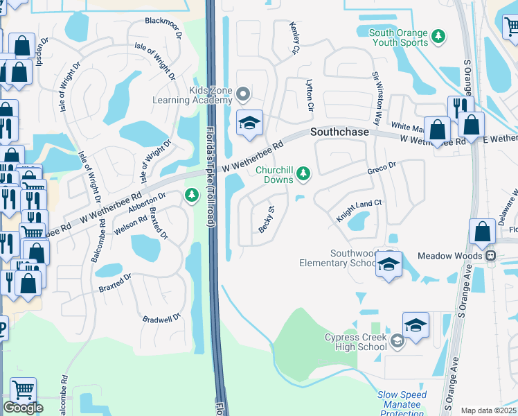 map of restaurants, bars, coffee shops, grocery stores, and more near 12239 Bronson Way in Orlando