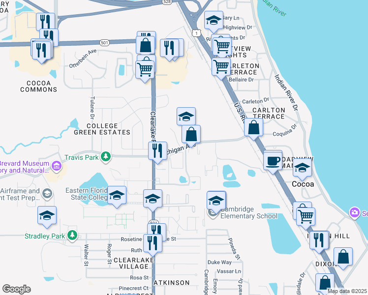 map of restaurants, bars, coffee shops, grocery stores, and more near 1970 Michigan Avenue in Cocoa