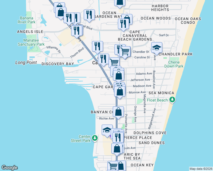 map of restaurants, bars, coffee shops, grocery stores, and more near 7970 Evelyn Court in Cape Canaveral