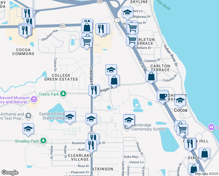 map of restaurants, bars, coffee shops, grocery stores, and more near 1806 University Lane in Cocoa