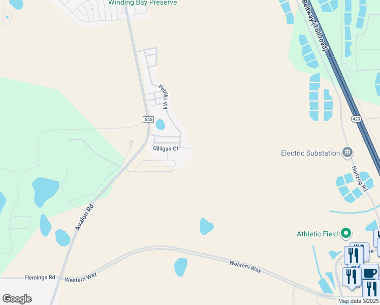 map of restaurants, bars, coffee shops, grocery stores, and more near 15342 Gilligan Court in Winter Garden