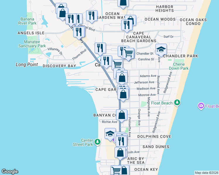 map of restaurants, bars, coffee shops, grocery stores, and more near 7970 Evelyn Court in Cape Canaveral