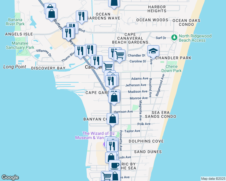 map of restaurants, bars, coffee shops, grocery stores, and more near 8010 North Atlantic Avenue in Cape Canaveral