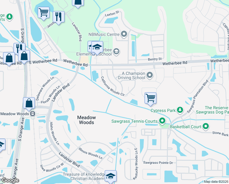 map of restaurants, bars, coffee shops, grocery stores, and more near 799 California Woods Circle in Orlando