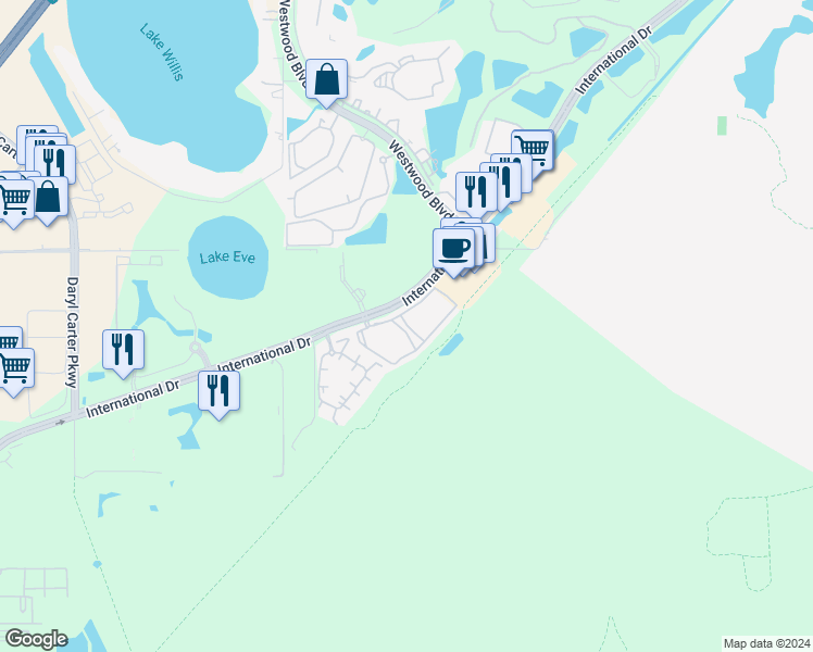 map of restaurants, bars, coffee shops, grocery stores, and more near 6611 Penifield Way in Orlando